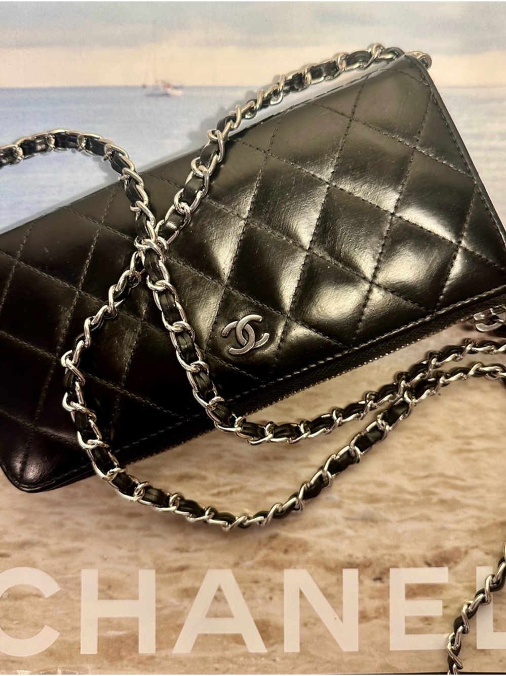Authentic CHANEL Black Quilted Leather Wallet With Chain . Customized